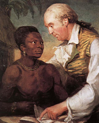 Carl Frederik von Breda's illustration (1792) showing Wadström teaching the freed slave Peter Panah the virtues of Swedenborg's tract The Wisdom of Angels